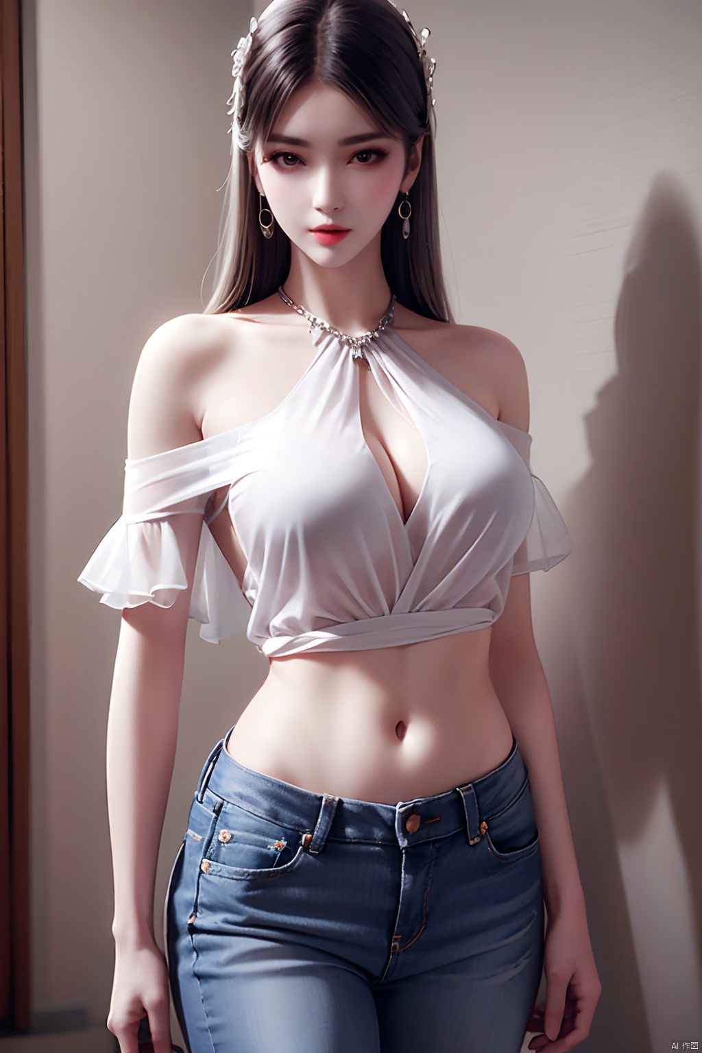  sdmai,lanmeng,1girl,solo,big_boobies,jewelry,realistic,long hair,necklace,Black slim fit jeans,bracelet,black hair,white shirt,off-shoulder shirt,shirt,ring,midriff,earrings,looking at viewer,parted lips,off shoulder,bare shoulders,navel,standing,（full-size photograph：1.6）,sleeveless, xiaoyixian