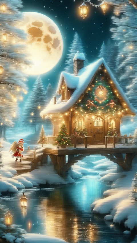 masterpiece,best quality ,Intricate details, full moon, a beautiful elf, long hair, bright pupils, beautiful eyes, Clothes made of leaves,flying, transparent wings, shining starlit wings, clear rivers, Towering trees,treehouse,Fly in the air, Beautiful hands,In leaf clothes, poakl christmas style,christmas, , dreamcatch