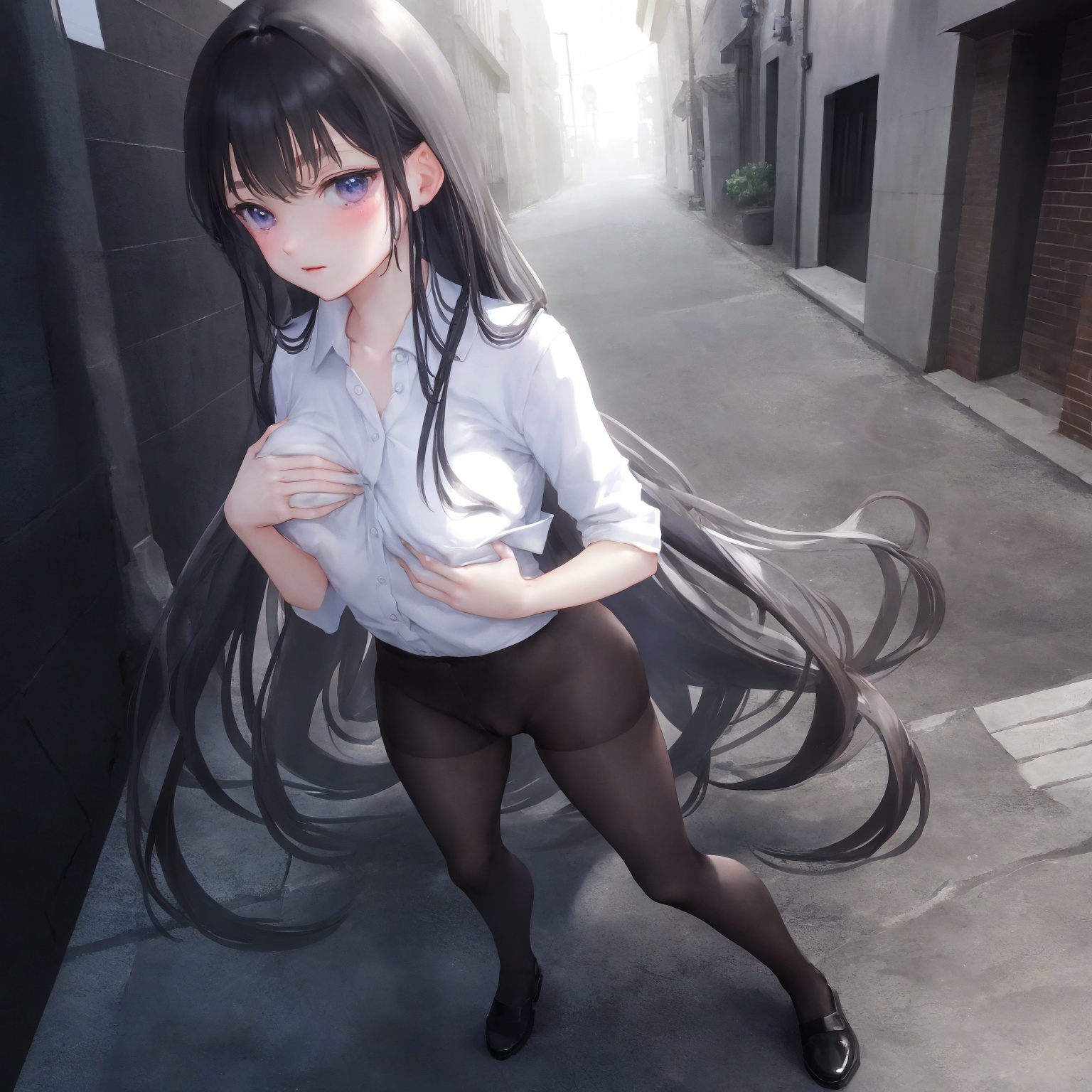  8K,masterpiece,cinemagraph,2girls,Soft long hair, beautiful face, delicate features, beautiful beauty, full of temptation, In an alley, being mobbed, being hit on the chest, being groped on the ass,
