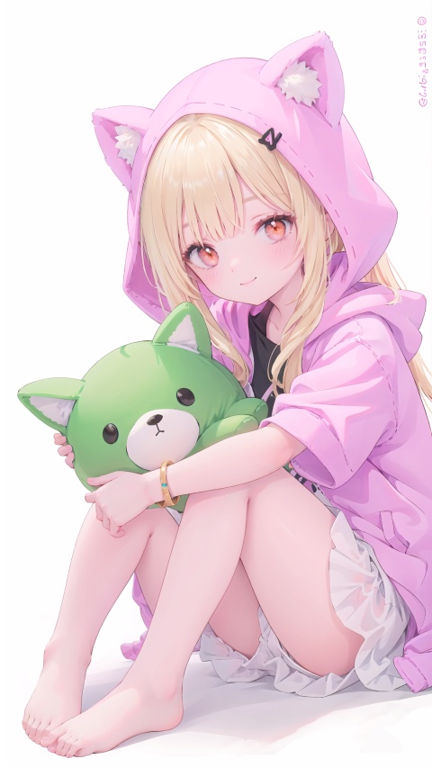  1girl, hair ornament,smile, solo, blonde hair, full body, white background, barefoot, virtual youtuber, stuffed toy, simple background, hairclip, looking at viewer, jacket, bracelet, stuffed animal, bangs, standing, holding stuffed toy, hood, closed mouth, long hair, blush, jewelry, orange eyes, hood down, holding, hooded jacket, short sleeves, bare legs, pink jacket, cuteloli, sitting,squating,looking down,JACKOPOSE