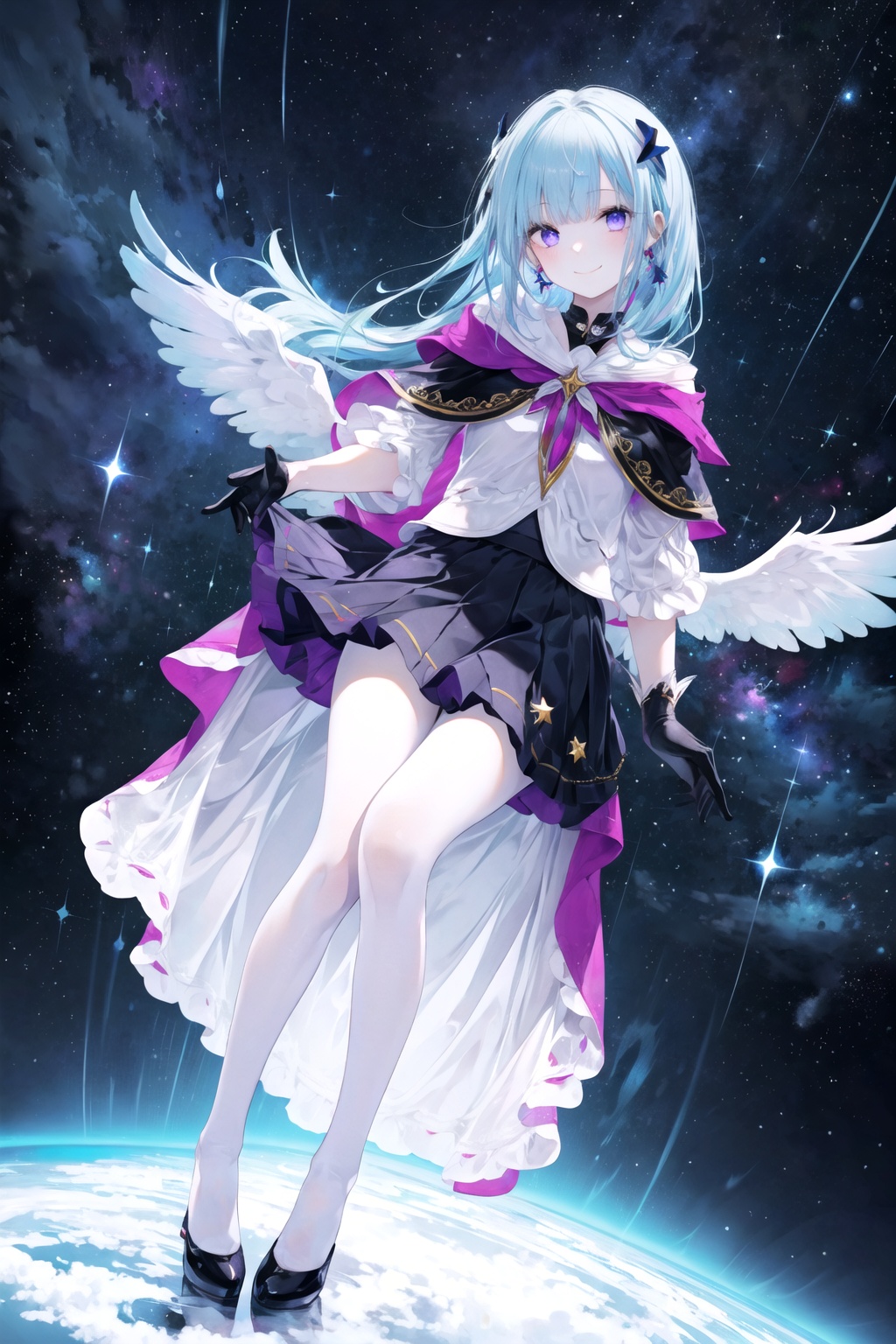  (full body),1girl,black_legwear,((winged_footwear)),juliet sleeves,black_skirt,cape,gloves,kneehighs,long_hair,looking_at_viewer,purple_eyes,skirt,smile,solo,space,star_\(sky\),star_\(symbol\),starry_sky,very_long_hair,white_gloves,
