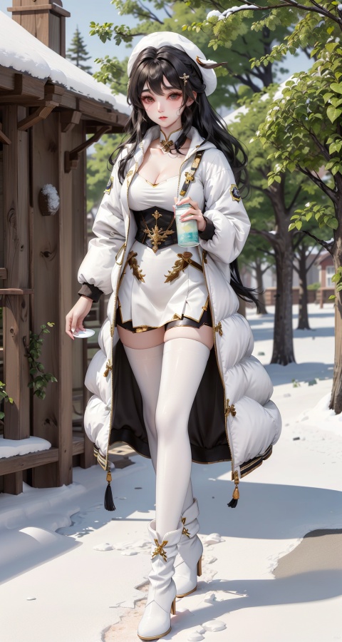  Full-body, (1girl in the Snow:1.4), black hair, White plush hat with Elk horn decoration, Holding a cup in hand, White sling, collarbone, cleavage, (white down jacket:1.4), (black knee length stockings:1.4,)
Shinypantyhose, black high heeled boots, holding a snow-white Samoye dog, Samoye, winter, snow, forest, sunshine, distant red cabin, Dingdal light, warm sunshine, HD 16k, snow, winter, light master