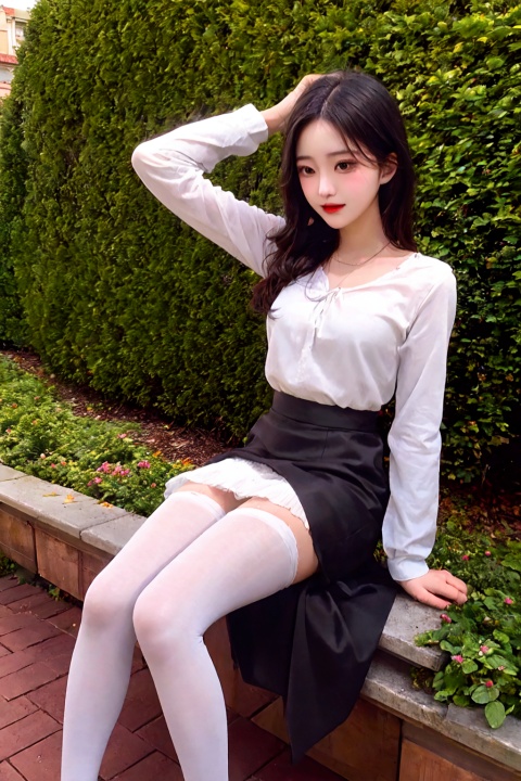 masterpiece,best quality,16K,Complex details, detailed features, long hair, detailed hair, breeze blowing, short-sleeved white shirt, neckline open, low cut, black skirt swinging in the wind, white silk long legs, high heels, royal sister, photo album,, white pantyhose