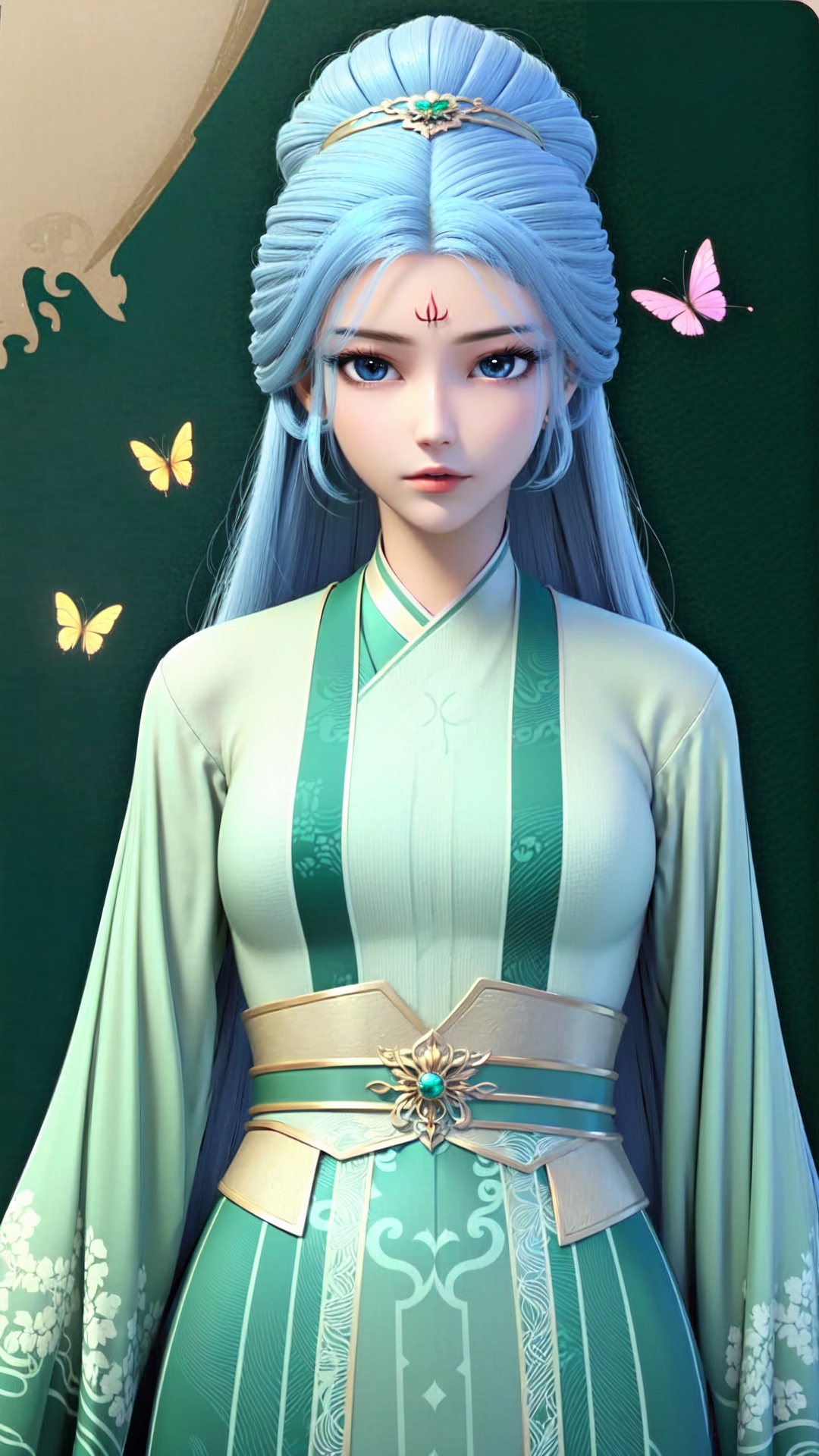  blue ru_qun,best_quality,head,original_outfit,hanfu,clear details,masterpiece, best_quality, clear details,1girl,garden background,, butterfly on finger,blue eyes,white hair,long hair,big eyes ,yuzu,liquid clothes,girl,Anime, yx, 1girl