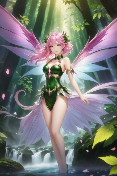  masterpiece,hyperdetail,elf (dragon's crown),fairy (girls' frontline),full body,Depth of Field,forest, waterfall,river,dotheghostalsocharming,Poison Ivy,山海经, Wearing clothes made of leaves,dynamic pose,huapighost, cure beauty,Beautiful eyes,Beautiful face makeup, dazzling fairy crown,Pink eyes, BJ_Sacred_beast, glowing wings,Flying over the forest,