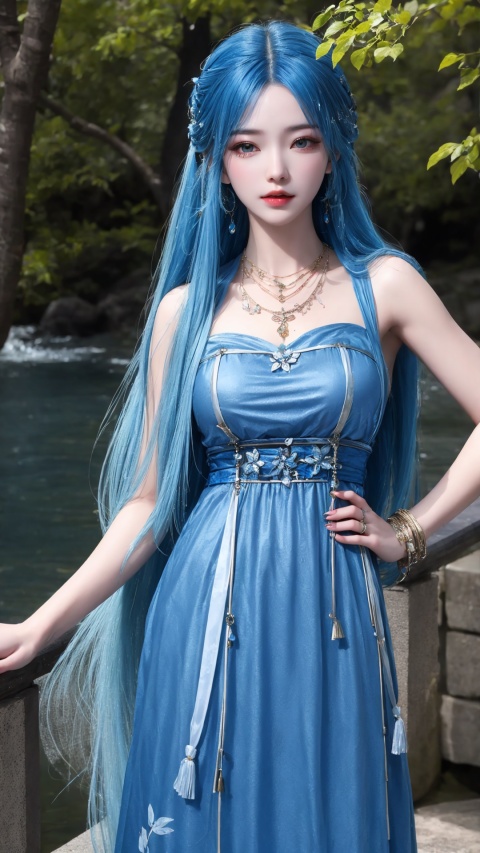  A woman with blue hair and a blue dress is posing for a photo, her arm extended, 1 girl, clothing, jewelry, long hair, outdoor, tree, necklace, solo, a woman posing with blue hair and blue clothes, 1 girl, necklace, solo, water element, qy-hd
