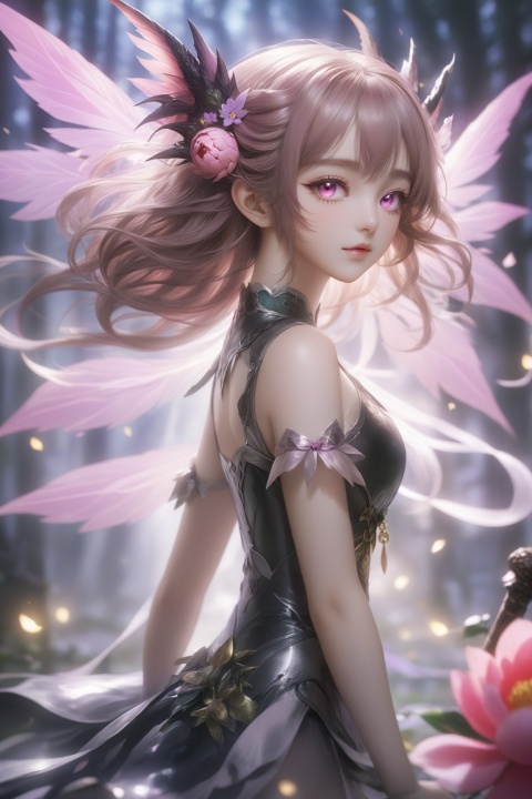  masterpiece,hyperdetail,elf (dragon's crown),fairy (girls' frontline),full body,Depth of Field,peony flower died, dotheghostalsocharming,山海经, Leaf clothing,,huapighost, cure beauty,Beautiful eyes,Beautiful face makeup, dazzling fairy crown,Pink eyes, BJ_Sacred_beast, composed of elements of thunder,thunder,electricity