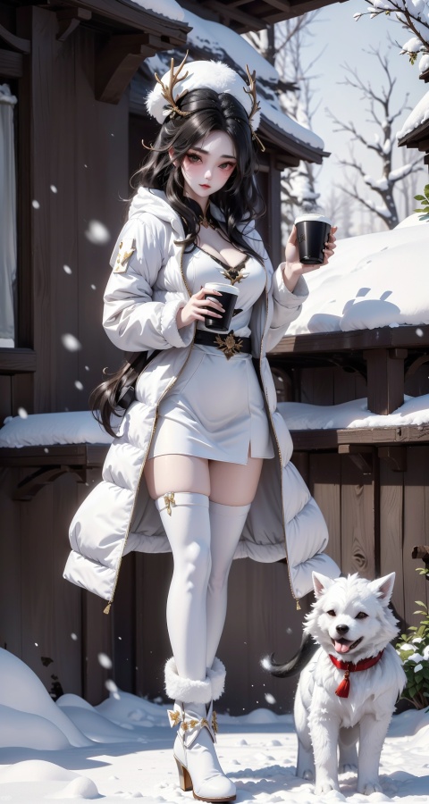  Full-body, (1girl in the Snow:1.4), black hair, White plush hat with Elk horn decoration, Holding a cup in hand, White sling, collarbone, cleavage, (white down jacket:1.4), (black knee length stockings:1.4,)
Shinypantyhose, black high heeled boots, holding a snow-white Samoye dog, Samoye, winter, snow, forest, sunshine, distant red cabin, Dingdal light, warm sunshine, HD 16k, snow, winter, light master, RoyalSister Face