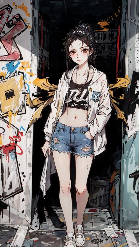  best quality,masterpiece,illustration,earrings,,hand in pocket,Denim shorts,an extremely delicate and beautiful,extremely detailed,CG,unity,8k,wallpaper,Amazing,finely detail,1 girl, solo, street, graffiti, white short sleeved, denim jacket, denim shorts, sneakers, spray painting,graffiti on the wall, hip-hop, street culture, jtc, 1girl