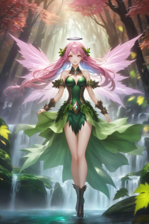  masterpiece,hyperdetail,elf (dragon's crown),fairy (girls' frontline),full body,Depth of Field,forest, waterfall,river,dotheghostalsocharming,Poison Ivy,山海经, Wearing clothes made of leaves,dynamic pose,huapighost, cure beauty,Beautiful eyes,Beautiful face makeup, dazzling fairy crown,Pink eyes, BJ_Sacred_beast, composed of elements of thunder,thunder,electricity