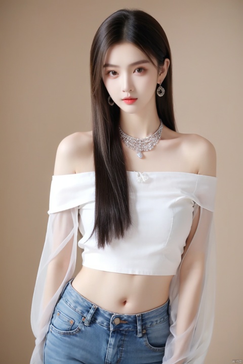  sdmai,lanmeng,1girl,solo,jewelry,realistic,long hair,necklace,Black slim fit jeans,bracelet,black hair,white shirt,off-shoulder shirt,shirt,ring,midriff,earrings,looking at viewer,parted lips,off shoulder,bare shoulders,navel,standing,（full-size photograph：1.6）,sleeveless, xiaoyixian