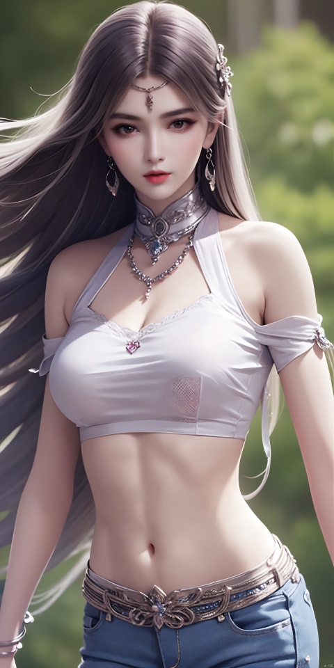  sdmai,lanmeng,1girl,solo,big_boobies,jewelry,realistic,long hair,necklace,Black slim fit jeans,bracelet,black hair,white shirt,off-shoulder shirt,shirt,ring,midriff,earrings,looking at viewer,parted lips,off shoulder,bare shoulders,navel,standing,（full-size photograph：1.6）,sleeveless, xiaoyixian