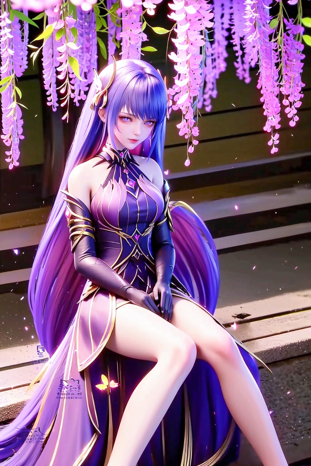  1other, bug, butterfly, light particles, pink eyes, pink hair, androgynous, flower, dress, sitting, solo, blurry, holding fruit, frills, feet out of frame, blue butterfly, food, leaf, fruit, ribbon, sidelocks, depth of field, wings, knees together feet apart, white dress, looking at viewer, holding food, hair ribbon, nature, white ribbon, plant, long hair, fingernails, side ponytail, off-shoulder dress, butterfly wings, holding, bangs, grapes, frilled dress, eyelashes, pink theme, frilled sleeves, bare shoulders, hair flower, outdoors, fairy wings, hair ornament, blue theme, blurry foreground, puffy sleeves, detached sleeves, glowing, forest, off shoulder, other focus, parted lips, finger to mouth, cross-laced clothes, purple theme, short dress, closed mouth, short sleeves, blurry background, wavy hair, layered dress, sideways glance, tree, bow, blue ribbon, raiden shogun