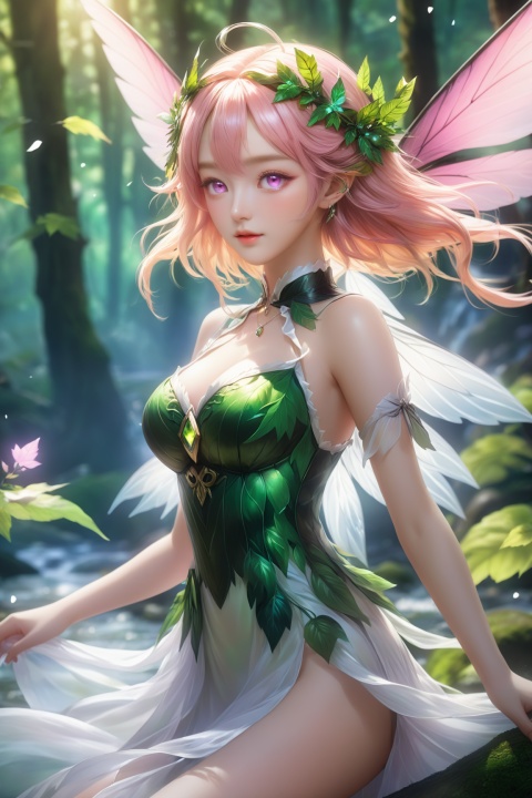  masterpiece,hyperdetail,elf (dragon's crown),fairy (girls' frontline),full body,Depth of Field,forest, female child,waterfall,river,dotheghostalsocharming,PoisonIvy,山海经, Wearing clothes made of leaves,dynamic pose,huapighost, cure beauty,Beautiful eyes,Beautiful face makeup, dazzling fairy crown,Pink eyes, BJ_Sacred_beast, glowing wings,Flying over the forest,