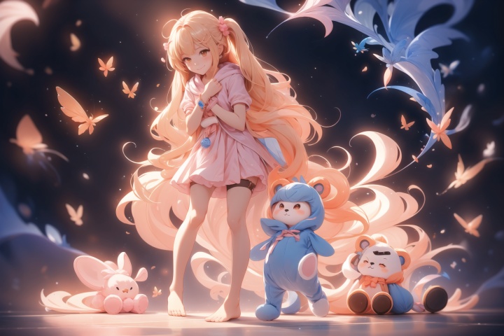  1girl, hair ornament,smile, solo, blonde hair, full body, white background, barefoot, virtual youtuber, stuffed toy, simple background, hairclip, looking at viewer, jacket, bracelet, stuffed animal, bangs, standing, holding stuffed toy, hood, closed mouth, long hair, blush, jewelry, orange eyes, hood down, holding, hooded jacket, short sleeves, bare legs, pink jacket, cuteloli, ,looking down,JACKOPOSE