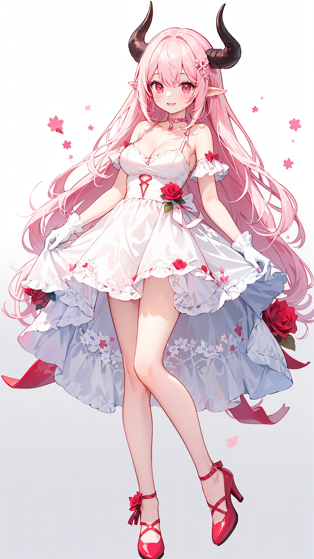  1girl,bare shoulders,breasts,cleavage,collarbone,dress,flower,gloves,gradient,gradient background,hair ornament,high heels,horns,long hair,medium breasts,pink flower,pink hair,pink rose,pointy ears,red eyes,red footwear,rose,single horn,smile,solo,very long hair,white gloves