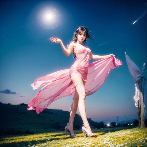  sheer dress, glint sparkle, 1girl, sexy, erotic_pose, sensual_pose, flirting, (masterpiece, best quality, official art, beautiful and aesthetic, photorealistic:1.3), far_moon, starry_sky, meteor shower, (wind blowing:1.3), flower blooming, flower garden, vivid colors, High-Heels, short skirts, solo, extremely detailed, CG unity 8k wallpaper, (Nikon AF-S NIKKOR 35mm f/1.4G)