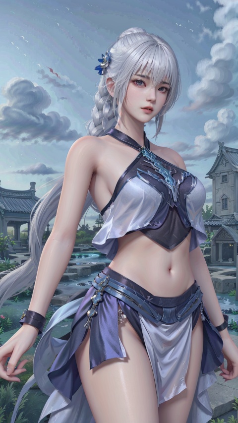  (White background:1.4),A girl, white hair, blue bellyband, long skirt,outdoor,