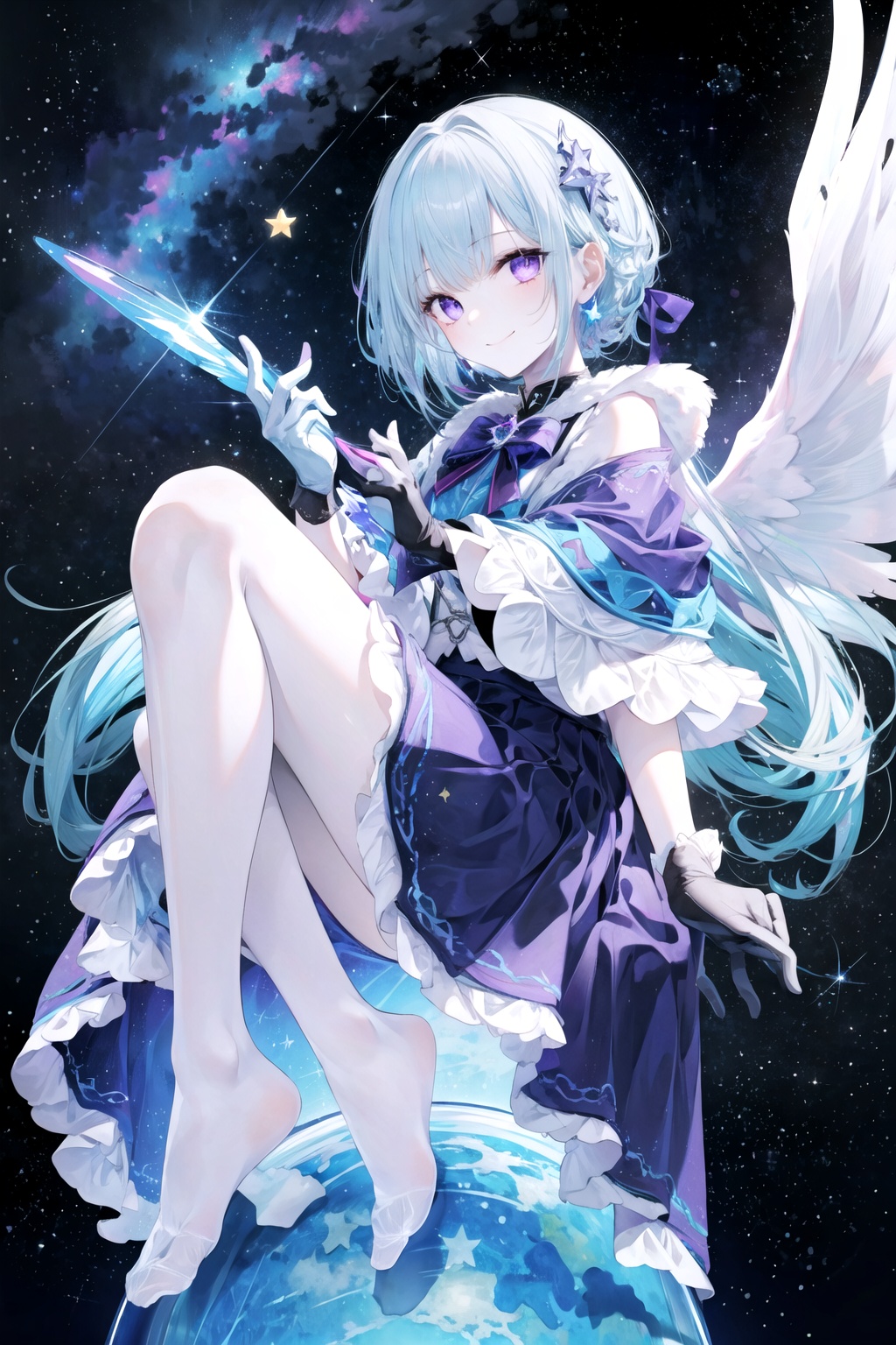  (full body),1girl,black_legwear,((winged_footwear)),juliet sleeves,black_skirt,cape,gloves,kneehighs,long_hair,looking_at_viewer,purple_eyes,skirt,smile,solo,space,star_\(sky\),star_\(symbol\),starry_sky,very_long_hair,white_gloves,
