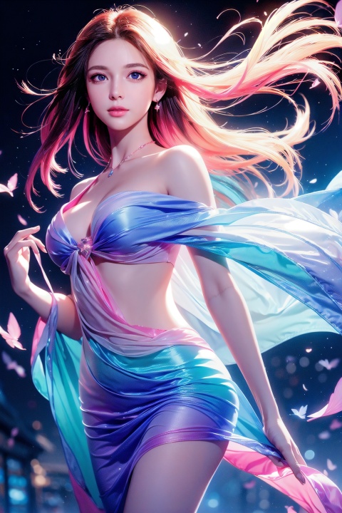  sheer skirt, 1girl, official art, unity 8k wallpaper, (ultra detailed), beautiful and aesthetic, beautiful, masterpiece, best quality, sexy, iridescent eyes, starry_sky, far moon, street, neon light, (wind blowing:1.3)