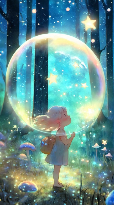  1 Girl, Trumpet, Bubble, Forest in Bubble, Meadow, Mushroom, Night, Surrounded by Shining Stars, Masterpiece, Illustrated, Extremely Delicate and Beautiful, Very Detailed, CG, Amazing, Fine Detail, Masterpiece, Best Quality, Official Art,