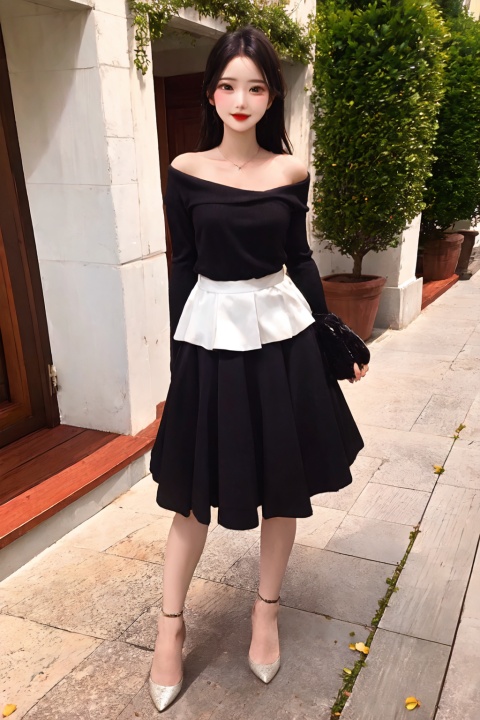 masterpiece,best quality,16K,Complex details, detailed features, long hair, detailed hair, breeze blowing, short-sleeved white shirt, neckline open, low cut, black skirt swinging in the wind, white silk long legs, high heels, royal sister, photo album,