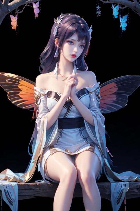  1other, bug, butterfly, light particles, pink eyes, pink hair, androgynous, flower, dress, sitting, solo, blurry, holding fruit, frills, feet out of frame, blue butterfly, food, leaf, fruit, ribbon, sidelocks, depth of field, wings, knees together feet apart, white dress, looking at viewer, holding food, hair ribbon, nature, white ribbon, plant, long hair, fingernails, side ponytail, off-shoulder dress, butterfly wings, holding, bangs, grapes, frilled dress, eyelashes, pink theme, frilled sleeves, bare shoulders, hair flower, outdoors, fairy wings, hair ornament, blue theme, blurry foreground, puffy sleeves, detached sleeves, glowing, forest, off shoulder, other focus, parted lips, finger to mouth, cross-laced clothes, purple theme, short dress, closed mouth, short sleeves, blurry background, wavy hair, layered dress, sideways glance, tree, bow, blue ribbon, raiden shogun,depth of field