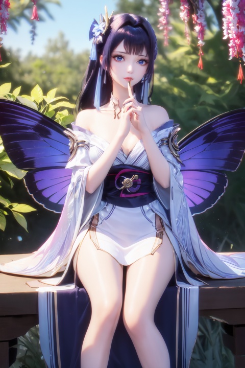  1other, bug, butterfly, light particles, pink eyes, pink hair, androgynous, flower, dress, sitting, solo, blurry, holding fruit, frills, feet out of frame, blue butterfly, food, leaf, fruit, ribbon, sidelocks, depth of field, wings, knees together feet apart, white dress, looking at viewer, holding food, hair ribbon, nature, white ribbon, plant, long hair, fingernails, side ponytail, off-shoulder dress, butterfly wings, holding, bangs, grapes, frilled dress, eyelashes, pink theme, frilled sleeves, bare shoulders, hair flower, outdoors, fairy wings, hair ornament, blue theme, blurry foreground, puffy sleeves, detached sleeves, glowing, forest, off shoulder, other focus, parted lips, finger to mouth, cross-laced clothes, purple theme, short dress, closed mouth, short sleeves, blurry background, wavy hair, layered dress, sideways glance, tree, bow, blue ribbon, raiden shogun