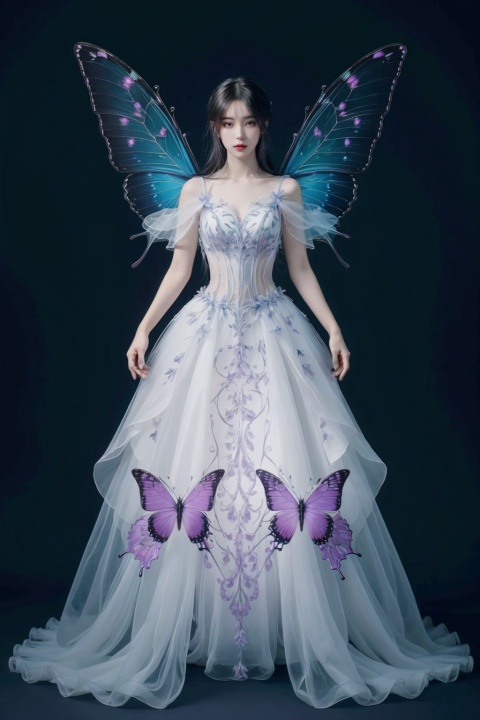  ((masterpiece)), ((best quality)), 8k, high detailed,1girl, 20-year-old,long purple hair,big butterfly wing behind waist, dress, standing, Long shot, panorama, wide shot, people on the right,glowing, butterfly wing, full body,slender waist, light particles, contouring light, transparent fairy dress,ZYM,white background,(bare legs:1)