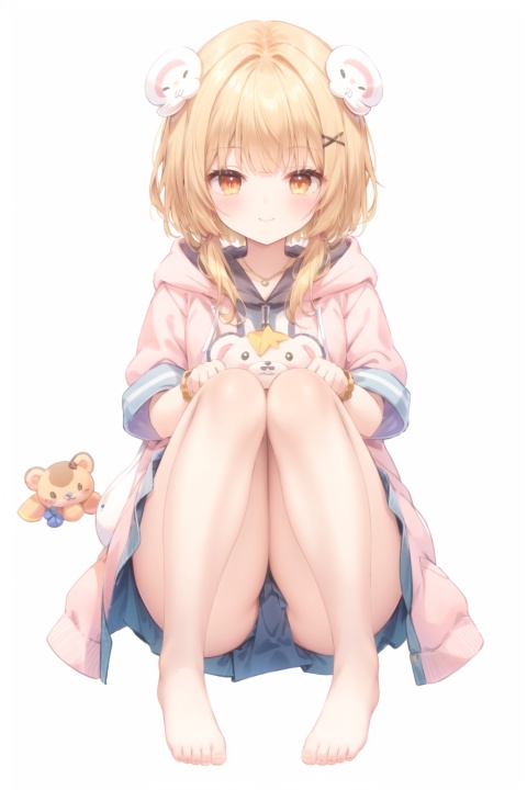  1girl, hair ornament,smile, solo, blonde hair, full body, white background, barefoot, virtual youtuber, stuffed toy, simple background, hairclip, looking at viewer, jacket, bracelet, stuffed animal, bangs, standing, holding stuffed toy, hood, closed mouth, long hair, blush, jewelry, orange eyes, hood down, holding, hooded jacket, short sleeves, bare legs, pink jacket, cuteloli, sitting,squating,looking down,JACKOPOSE