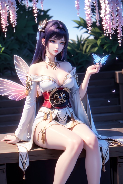  1other, bug, butterfly, light particles, pink eyes, pink hair, androgynous, flower, dress, sitting, solo, blurry, holding fruit, frills, feet out of frame, blue butterfly, food, leaf, fruit, ribbon, sidelocks, depth of field, wings, knees together feet apart, white dress, looking at viewer, holding food, hair ribbon, nature, white ribbon, plant, long hair, fingernails, side ponytail, off-shoulder dress, butterfly wings, holding, bangs, grapes, frilled dress, eyelashes, pink theme, frilled sleeves, bare shoulders, hair flower, outdoors, fairy wings, hair ornament, blue theme, blurry foreground, puffy sleeves, detached sleeves, glowing, forest, off shoulder, other focus, parted lips, finger to mouth, cross-laced clothes, purple theme, short dress, closed mouth, short sleeves, blurry background, wavy hair, layered dress, sideways glance, tree, bow, blue ribbon, raiden shogun
