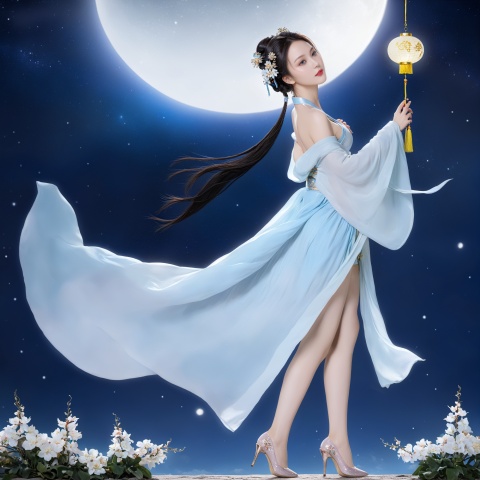 hanfu,chinese cloths,hair ornament, 1girl, sexy, erotic_pose, sensual_pose, flirting, (masterpiece, best quality, official art, beautiful and aesthetic, photorealistic:1.3), far_moon, starry_sky, meteor shower, (wind blowing:1.3), flower blooming, flower garden, vivid colors, High-Heels, short skirts, solo, extremely detailed, CG unity 8k wallpaper, (Nikon AF-S NIKKOR 35mm f/1.4G)