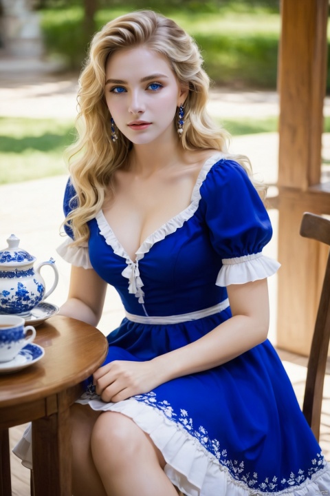 Masterpiece, reality, 1girl,Blonde, blue eyes, long wavy hair,Blue and white dress,White flat shoes,Sit at a round tea table, bracelets, earrings,, low chest, cleavage,A beautiful western girl,