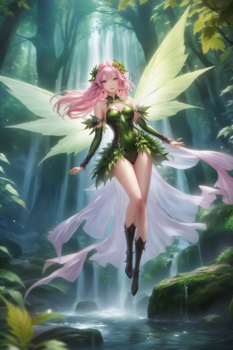  masterpiece,hyperdetail,elf (dragon's crown),fairy (girls' frontline),full body,Depth of Field,forest, waterfall,river,dotheghostalsocharming,Poison Ivy,山海经, Wearing clothes made of leaves,dynamic pose,huapighost, cure beauty,Beautiful eyes,Beautiful face makeup, dazzling fairy crown,Pink eyes, BJ_Sacred_beast, glowing wings,Flying over the forest,