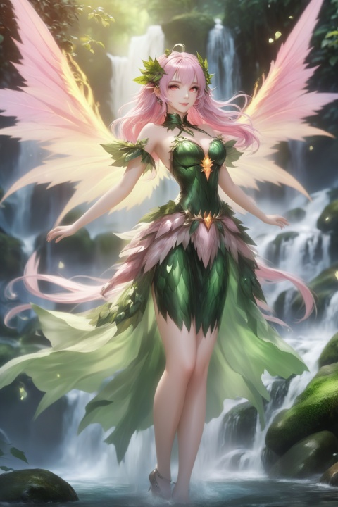  masterpiece,hyperdetail,elf (dragon's crown),fairy (girls' frontline),full body,Depth of Field,forest, waterfall,river,dotheghostalsocharming,Poison Ivy,山海经, Wearing clothes made of leaves,dynamic pose,huapighost, cure beauty,Beautiful eyes,Beautiful face makeup, dazzling fairy crown,Pink eyes, BJ_Sacred_beast, composed of elements of thunder,thunder,electricity
