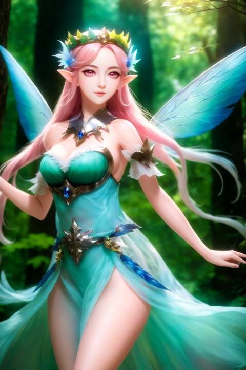  masterpiece,hyperdetail,16K,cinematic lighting,Stunning visual effects,elf (dragon's crown),fairy (girls' frontline),full body,Depth of Field,forest, femalechild,waterfall,river,山海经, Fairy queen,Gorgeous dress,Dressed in bright leaves,dynamic pose,huapighost, cure beauty,Beautiful eyes,Beautiful face makeup, dazzling fairy crown,Pink eyes, BJ_Sacred_beast, Transparent glowing wings,Flying over the forest, 6-12yifu