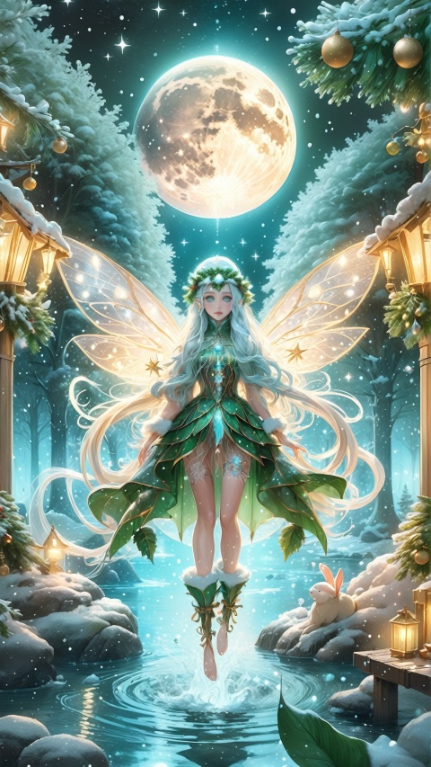  masterpiece,best quality ,Intricate details, full moon, a beautiful elf, long hair, bright pupils, beautiful eyes, Clothes made of leaves,flying, transparent wings, shining starlit wings, clear rivers, Towering trees,treehouse,Fly in the air, Beautiful hands,In leaf clothes, poakl christmas style,christmas, , dreamcatch