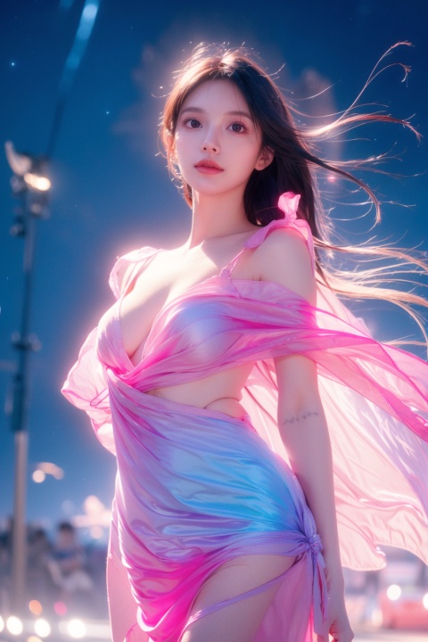  sheer dress, 1girl, official art, unity 8k wallpaper, (ultra detailed), beautiful and aesthetic, beautiful, masterpiece, best quality, sexy, iridescent eyes, starry_sky, far moon, street, neon light, (wind blowing:1.3)