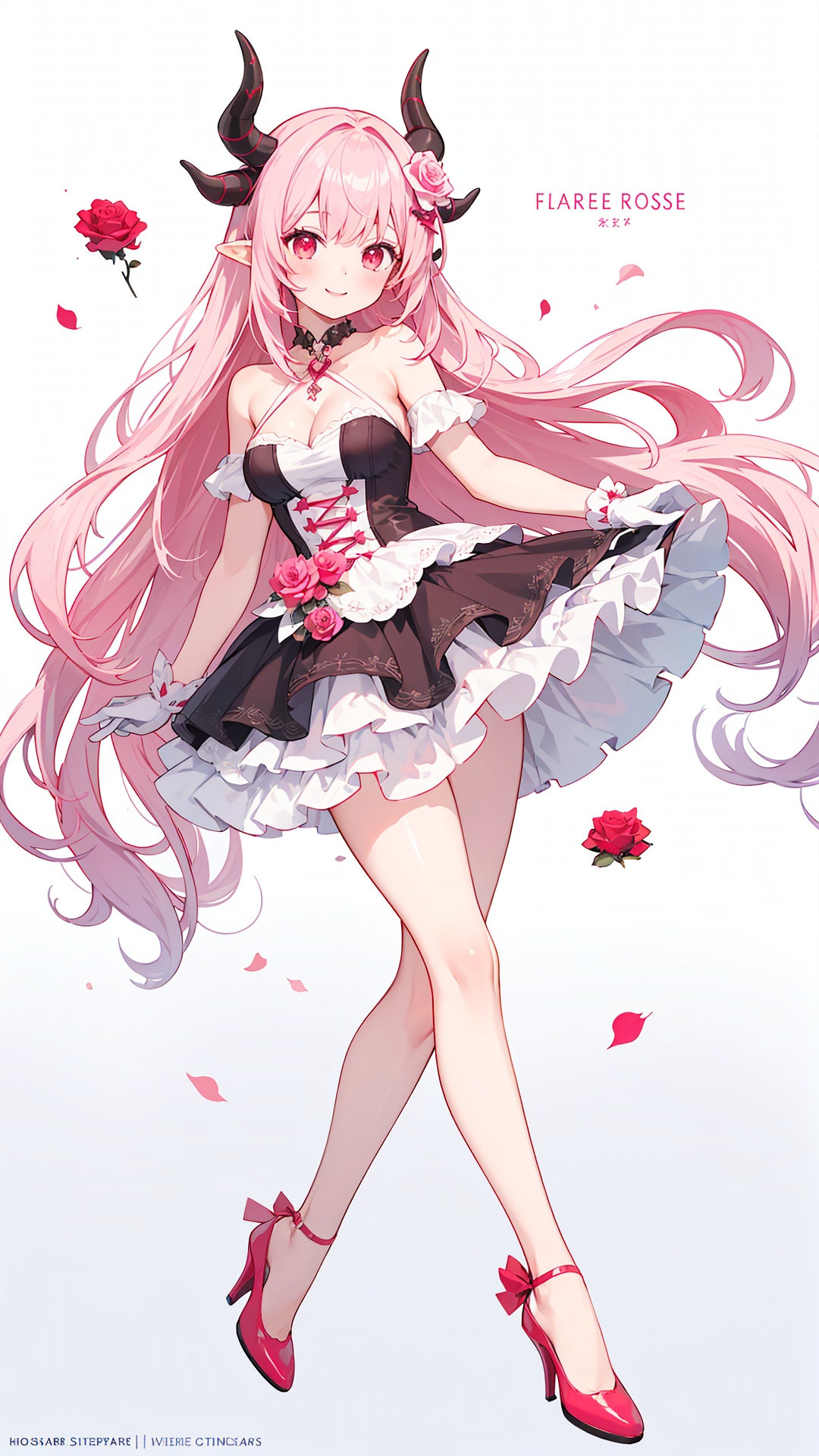  1girl,bare shoulders,breasts,cleavage,collarbone,dress,flower,gloves,gradient,gradient background,hair ornament,high heels,horns,long hair,medium breasts,pink flower,pink hair,pink rose,pointy ears,red eyes,red footwear,rose,single horn,smile,solo,very long hair,white gloves