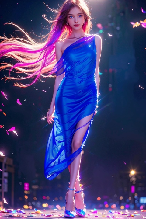  sheer dress, 1girl, full_body, official art, unity 8k wallpaper, (ultra detailed), beautiful and aesthetic, beautiful, masterpiece, best quality, sexy, iridescent eyes, starry_sky, far moon, street, neon light, (wind blowing:1.3),glint sparkle