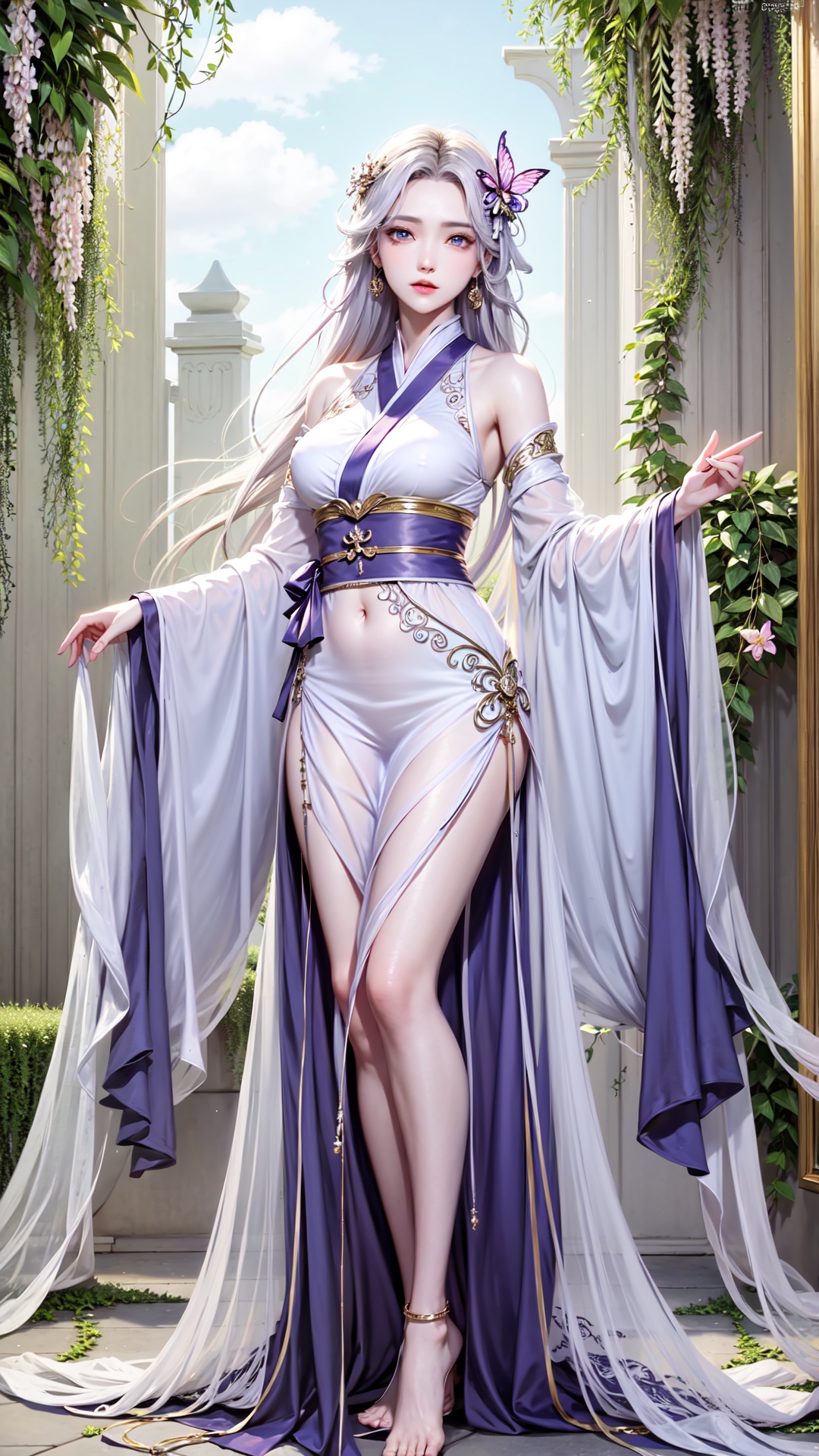  blue ru_qun,best_quality,head,original_outfit,hanfu,clear details,masterpiece, best_quality, clear details,1girl,garden background,, butterfly on finger,blue eyes,white hair,long hair,big eyes ,yuzu,liquid clothes,girl,Anime, yx