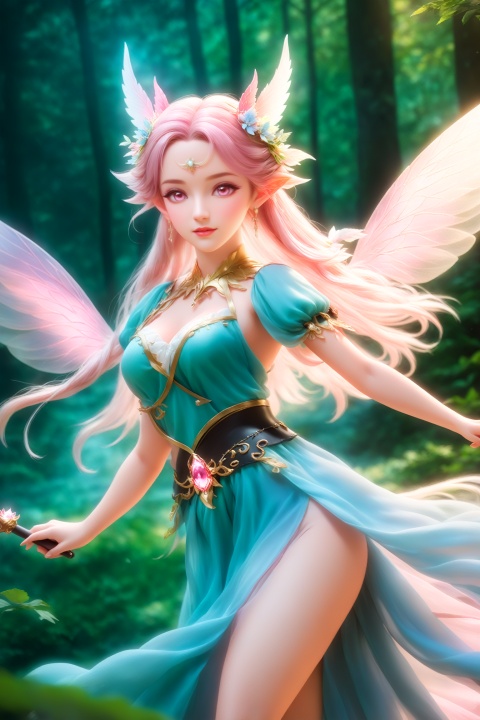  masterpiece,hyperdetail,16K,cinematic lighting,Stunning visual effects,elf (dragon's crown),fairy (girls' frontline),full body,Depth of Field,forest, femalechild,waterfall,river,山海经, Fairy queen,Gorgeous dress,dynamic pose,huapighost, cure beauty,Beautiful eyes,Beautiful face makeup, dazzling fairy crown,Pink eyes, BJ_Sacred_beast, Transparent glowing wings,Flying over the forest,