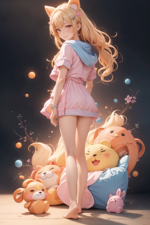  1girl, hair ornament,smile, solo, blonde hair, full body, white background, barefoot, virtual youtuber, stuffed toy, simple background, hairclip, looking at viewer, jacket, bracelet, stuffed animal, bangs, standing, holding stuffed toy, hood, closed mouth, long hair, blush, jewelry, orange eyes, hood down, holding, hooded jacket, short sleeves, bare legs, pink jacket, cuteloli, ,looking down,JACKOPOSE