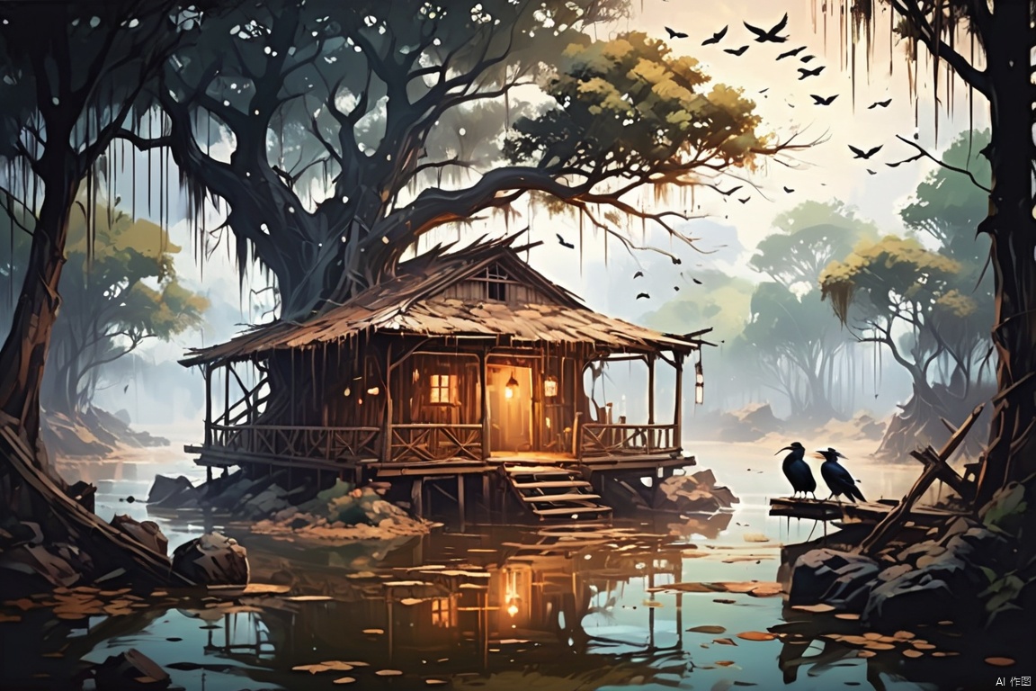  ((best quality)), ((masterpiece)),Withered rattan old tree dark crows, small bridge water family,Broken-down, sad atmosphere,A run-down cabin
,(illustration style:1.1), (dynamic composition:1.2), (unfettered spirit:0.9),