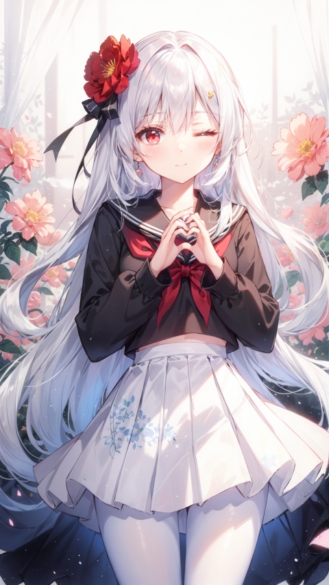 1girl, long hair, solo, red eyes, serafuku, hair_flower, white hair, long sleeves, pleated, clear eyes, black pantyhose, look at viewer, depth of field, (+floral background+), happy, parted lips, white clothes, (heart hands), between thighs, one eye closed,