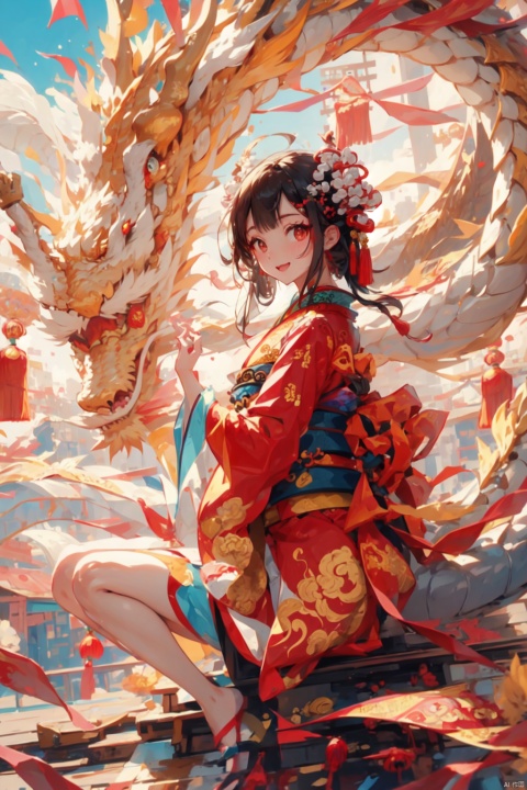 A girl, Chinese style, Chinese knot, high quality,beautiful, smart, (Chinese style background), clear, streamers,there is a building behind the character, dignified, noble, elegant, red and gold as the main body color, Dragon and girl,pretty face, perfect body,high picture integrity,clear layers, gufeng, Chinese dragon, yue , hair ornament,hanfu