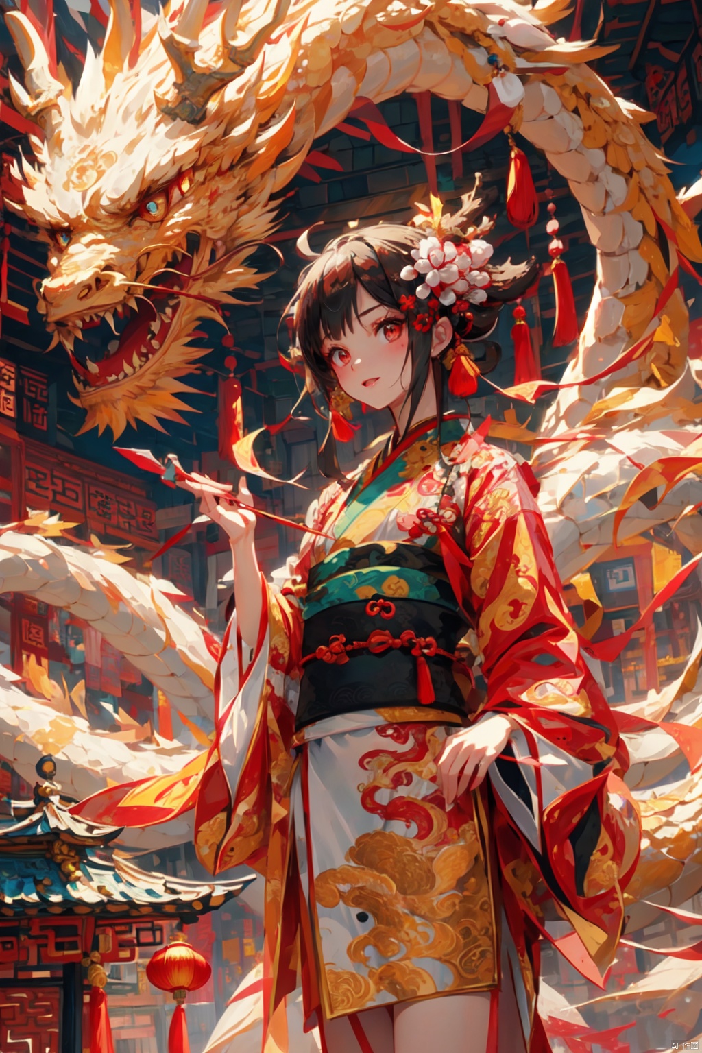 A girl, Chinese style, Chinese knot, high quality,beautiful, smart, (Chinese style background), clear, streamers,there is a building behind the character, dignified, noble, elegant, red and gold as the main body color, Dragon and girl,pretty face, perfect body,high picture integrity,clear layers, gufeng, Chinese dragon, yue,hair ornament,hanfu,golden dragon, bust