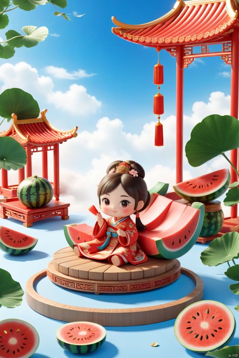 Make a summer poster, rendered with a 3D cartoon illustration, of a very cute girl lying on a recliner with a fan and a watermelon in the foreground,dressed in traditional Chinese clothing Hanfu, a coordinated process,In the foreground are fuzzy lotus leaves,a blue sky, dappled sunlight,Brown carpet, intricate details, beautiful color grading, depth of field (dof) ,Unreal Engine, clay materials, 3D art, C4D, 3D rendering, light and shadow, Depth of field, Best Quality 8K, Super Detail –style expressive –ar 3:4 –niji 5