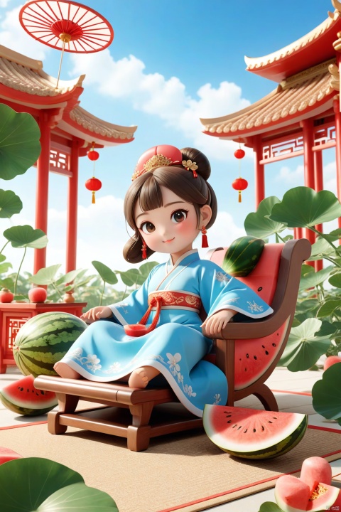 Make a summer poster, rendered with a 3D cartoon illustration, of a very cute girl lying on a recliner with a fan and a watermelon in the foreground,dressed in traditional Chinese clothing Hanfu, a coordinated process,In the foreground are fuzzy lotus leaves,a blue sky, dappled sunlight,Brown carpet, intricate details, beautiful color grading, depth of field (dof) ,Unreal Engine, clay materials, 3D art, C4D, 3D rendering, light and shadow, Depth of field, Best Quality 8K, Super Detail –style expressive –ar 3:4 –niji 5