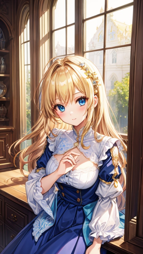 Close up,a girl,elbows propped up on the window,palm touching face,girl behind the window,noble,stone window,delicate and beautiful face,detailed engraved picture part,gorgeous aristocratic placket,fluff,high-detail blonde hair,messy hair,delicate and beautiful blue eyes,depth of field,foreground window,highest resolution,highest quality,delicate,CG,8k,separated sleeves